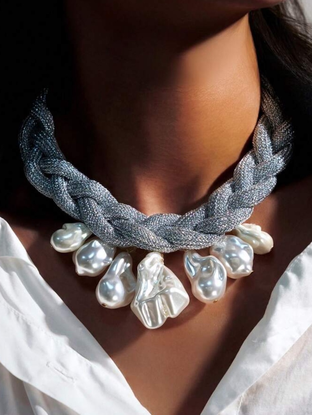 Braided Silver/Blue Mesh Necklace with Baroque Pearl Drops